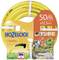 A yellow garden hose, 50 metres long, 12.5 mm diameter, with an image of a user in the garden. Hozelock brand, European quality.