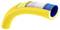 Cross-section of a yellow plastic hose with multiple layers, including a blue inner layer, a fabric reinforcement, and a yellow outer layer.