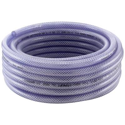 A coiled, transparent garden hose made of plastic with a visible mesh structure.