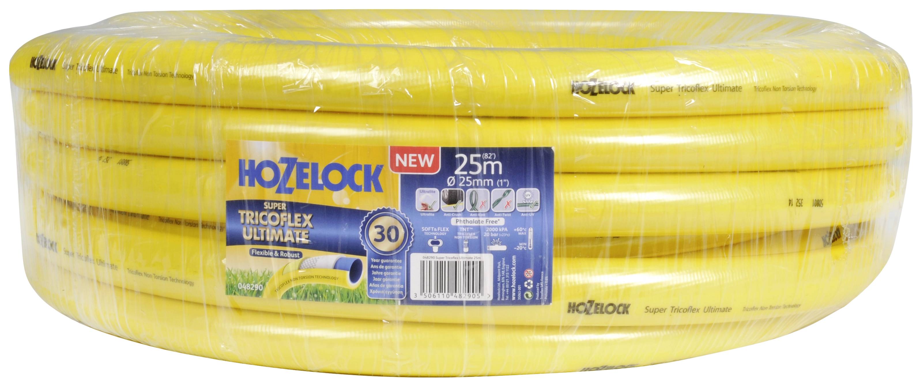 Yellow garden hose, Hozelock brand, 25 m in length, coiled in plastic packaging. Features Tricoflex technology for durability.