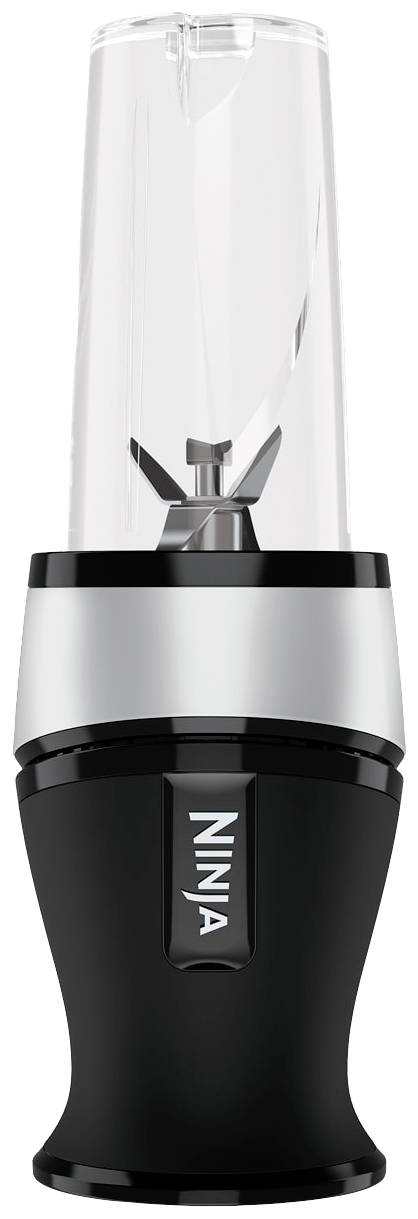 A black blender with a silver accent and transparent container reveals a cutting mechanism. The brand name 'Ninja' is visible.