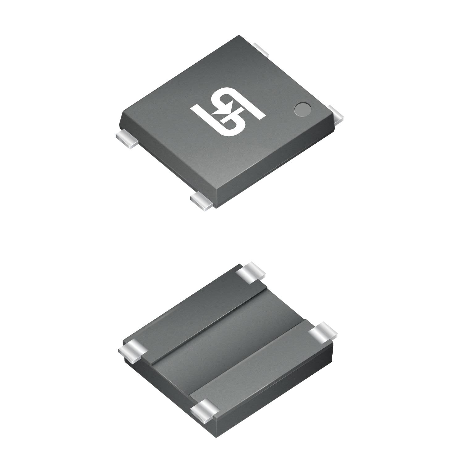 Top and bottom view of an electronic component with eight connection points, rectangular shape, silver contacts.