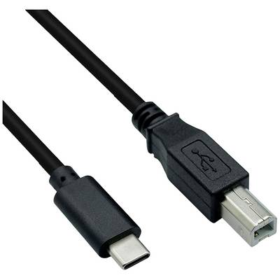 A USB cable with a USB-C plug on the left side and a USB-B plug on the right side on a white background.