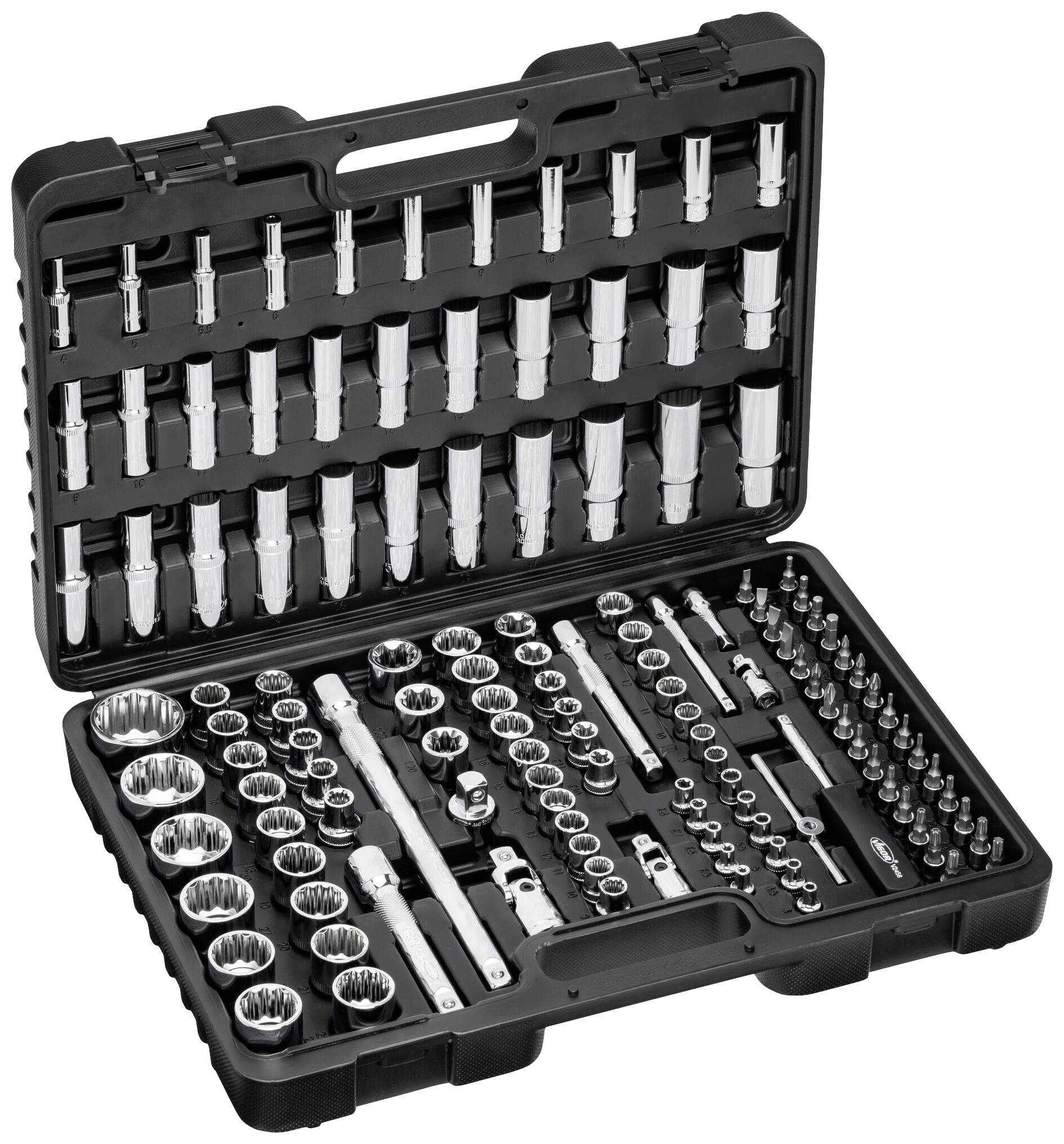 A tool case with various socket wrenches, ratchets, and bits, carefully arranged in multiple rows for repair work.