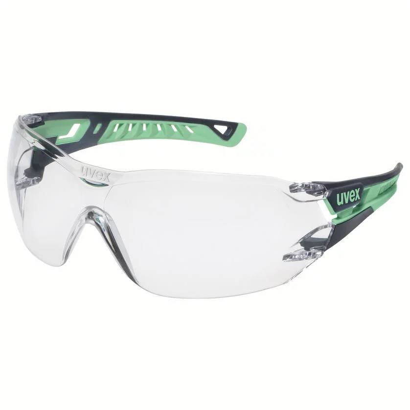 Safety glasses with clear lenses and green arms, suitable for industrial use and personal eye protection.