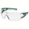 Safety glasses with clear lenses and green arms, suitable for industrial use and personal eye protection.