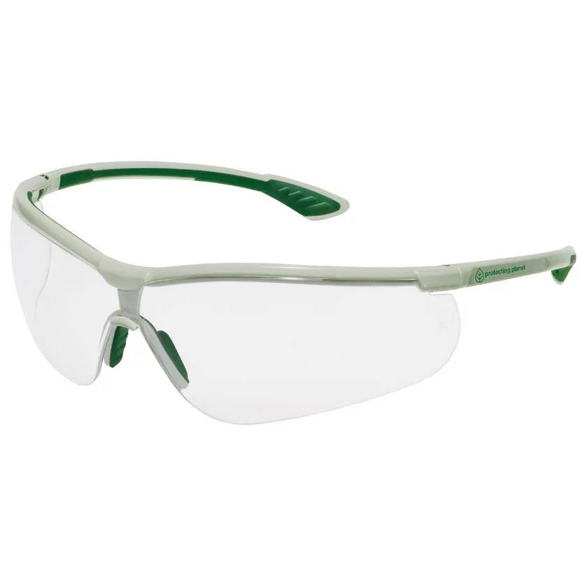 Safety glasses with a green frame and clear lenses, suitable for eye protection during manual work.