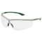 Safety glasses with a green frame and clear lenses, suitable for eye protection during manual work.