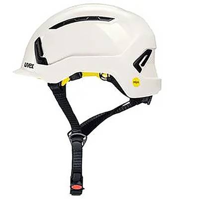 A white safety helmet with black ventilation openings and an adjustable chin strap.