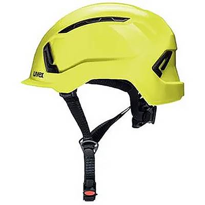 Yellow safety helmet with black chin strap, suitable for safety purposes.
