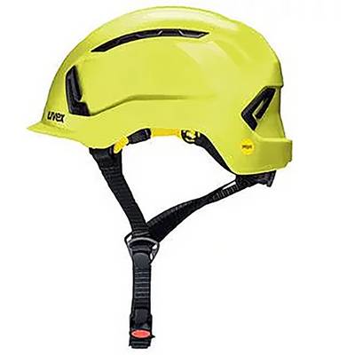 A yellow safety helmet with a black strap, side view.