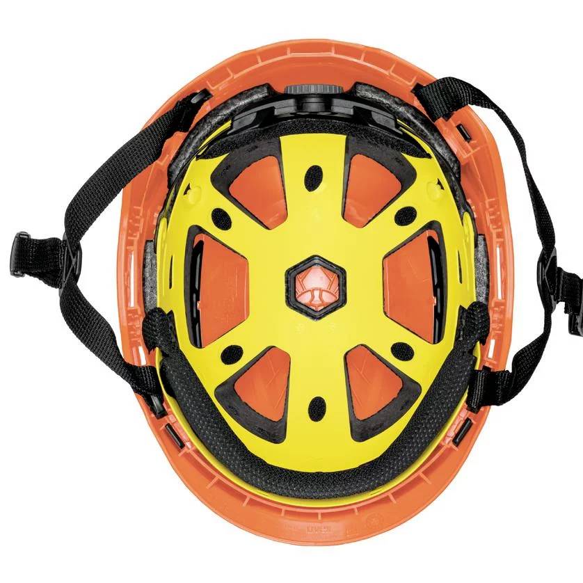 A yellow safety helmet with a black strap, viewed from above, showing reinforced inner protection and ventilation openings.
