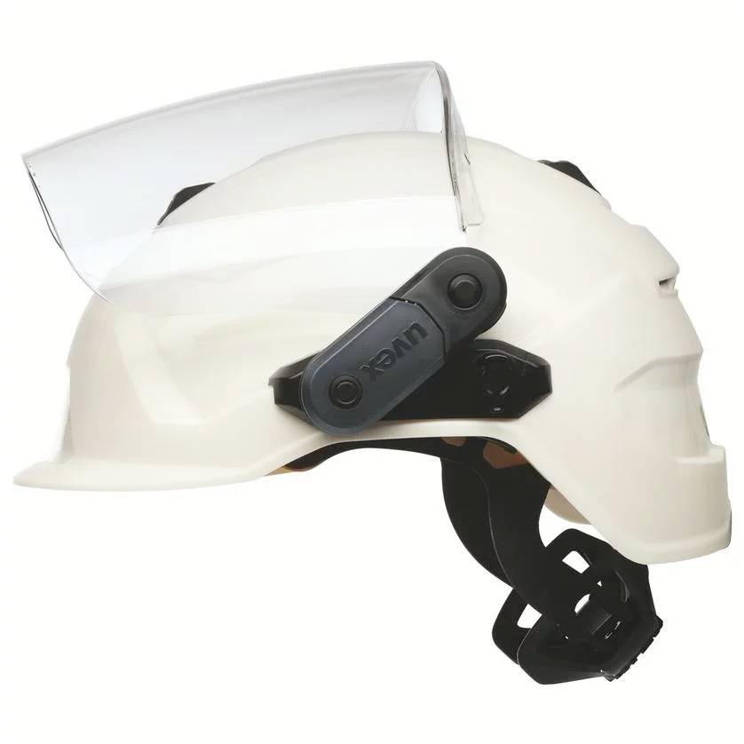 A white safety helmet with a transparent visor that is flipped up. The helmet has an adjustable mounting.