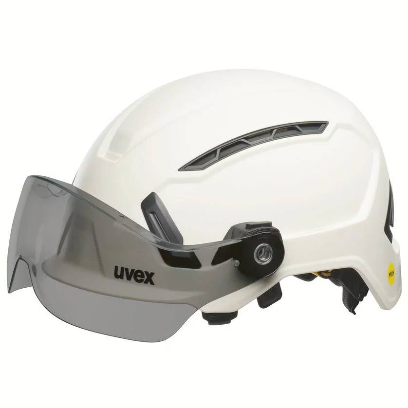 White safety helmet with transparent visor, ventilation slots and 'uvex' logo. Suitable for construction and industrial applications.