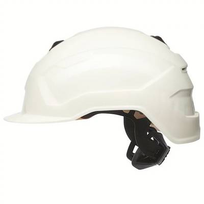 White plastic safety helmet with adjustable chin strap, side view. Suitable for construction sites or industrial environments.
