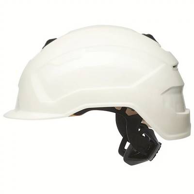A white plastic safety helmet with an adjustable internal harness.