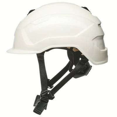 A white safety helmet with an adjustable black strap. Suitable for construction work or safety measures.