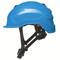 Blue protective helmet with black straps and fastening, viewed from the side.