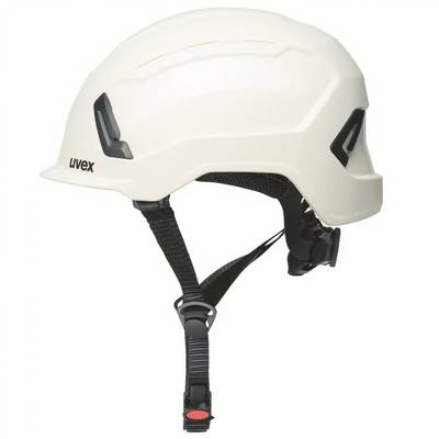 A white safety helmet with a black chin strap and UVEX logo. The helmet has ventilation slots and provides safety for construction sites.