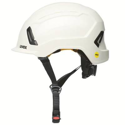 A white safety helmet with an adjustable chin strap. The helmet has black ventilation slots and a yellow sticker reading 'Mips'.