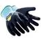 Two black protective gloves with a blue wrist cuff, suitable for industrial applications, are placed side by side.