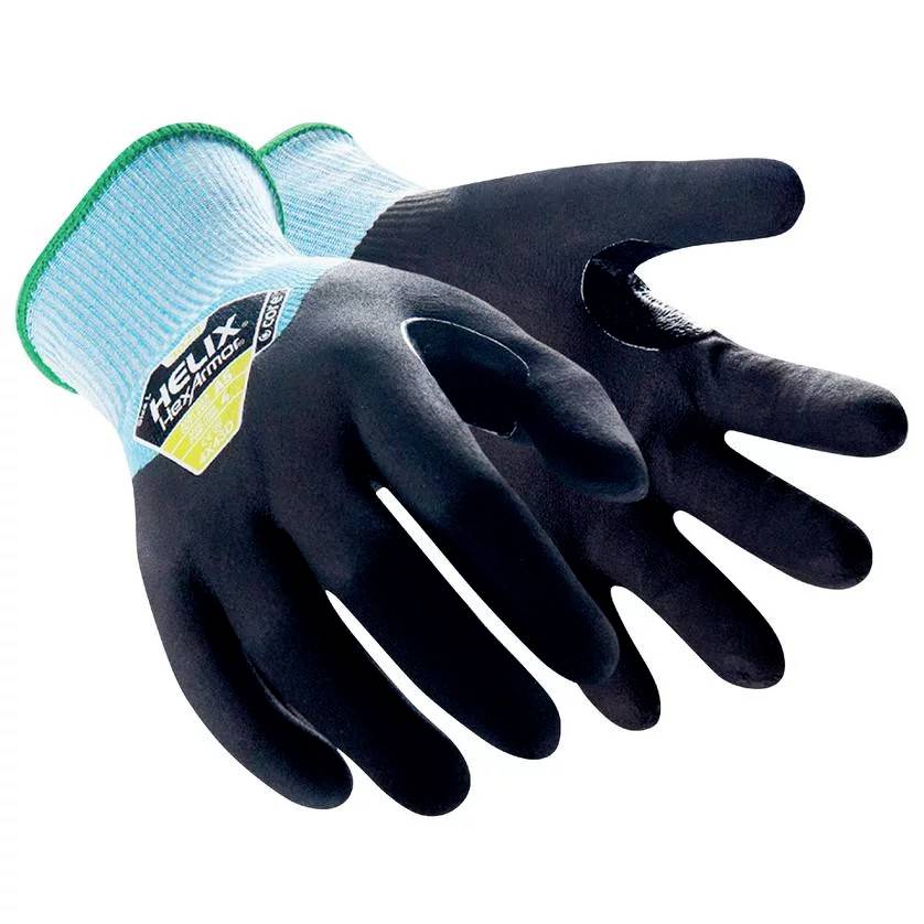 Safety gloves with black coating and blue fabric cuff, suitable for industrial applications, on white background.