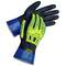 A pair of blue and yellow protective gloves made from robust material, suitable for industrial work and featuring additional back-of-hand protection.