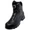 Black safety boots with a fastening system at the top, durable sole and reinforced toe cap, suitable for work environments.