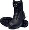 Black, robust work shoes with non-slip soles and BOA lacing, standing upright side by side. Ideal for safe working.