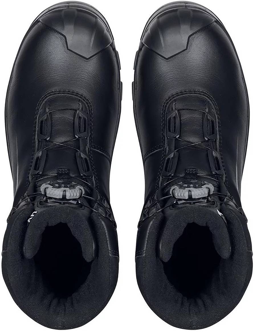 Two black, robust boots with reinforced toe caps, viewed from above. They have black laces and a padded ankle section.