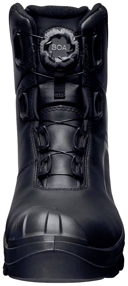 Black boots with BOA lacing system, robust design for outdoor activities or work environments.
