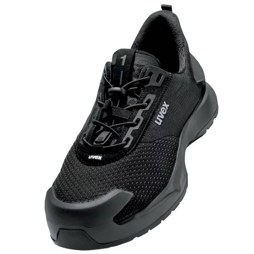 Black safety shoe with lace-up fastening, robust design and 'uvex' brand on the side. Suitable for work environments.