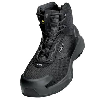Black safety shoe with reinforced toe protection and sturdy sole, suitable for work environments. 'uvex' marking visible.