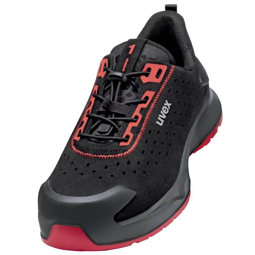 Black safety shoe with red accents, red sole, and lace-up system. "uvex" is written on the side.