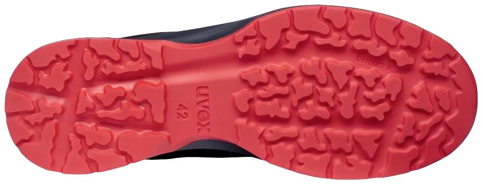 Red, structured shoe sole design with deep treads; suitable for slippery surfaces.