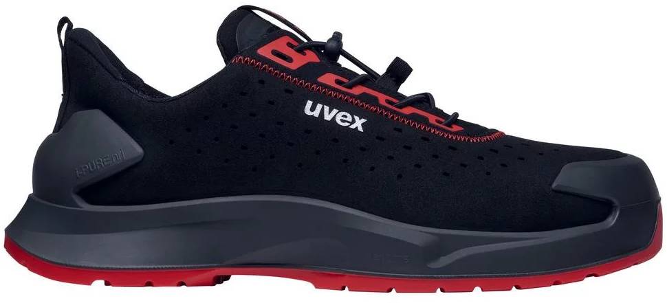 Black and red safety shoe with flat profile, side-printed with 'uvex' logo.