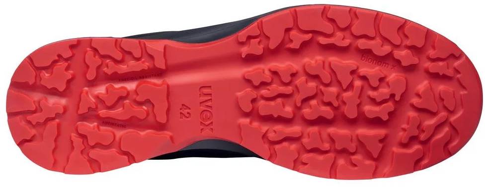 Non-slip, bright red sole of a safety shoe. Rough tread visible for enhanced grip. Shoe size 42.