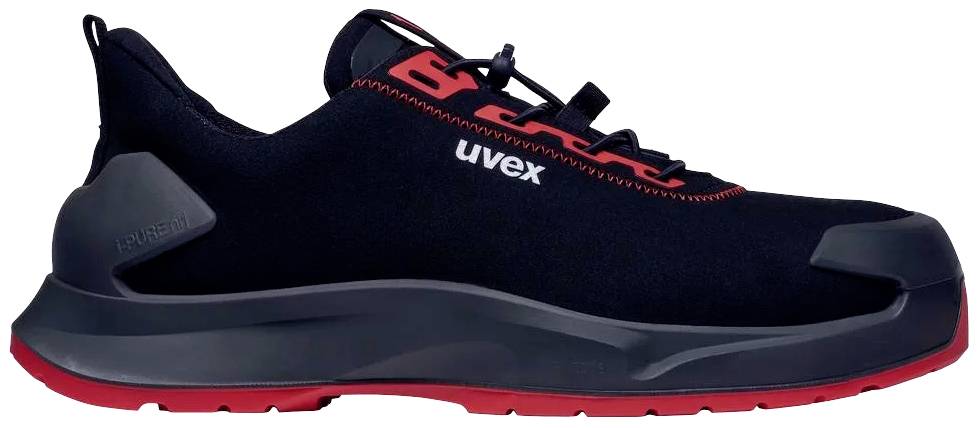 Black safety shoe with red sole and red accents, brand name 'uvex' visible. Suitable for industrial environments.