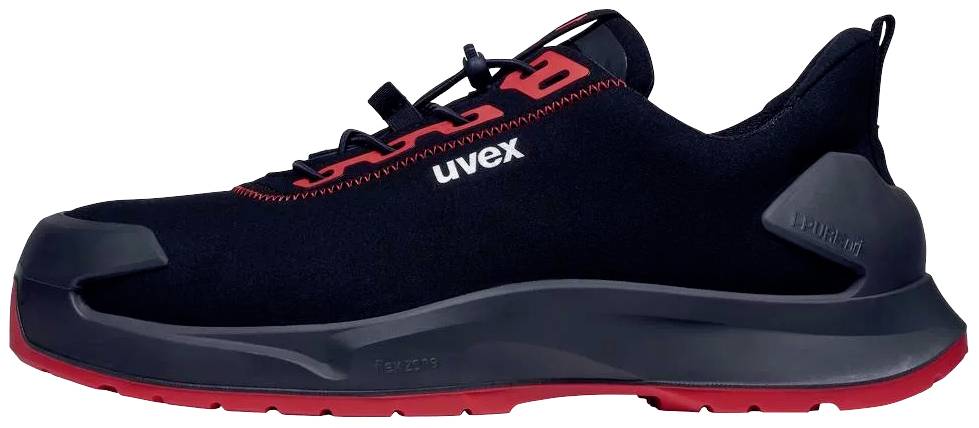 Black safety shoe with red details and red sole, featuring 'uvex' logo on the side.