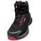 Black safety boots with red sole and lace-up fastening, 'uvex' brand, ideal for protection during industrial work.