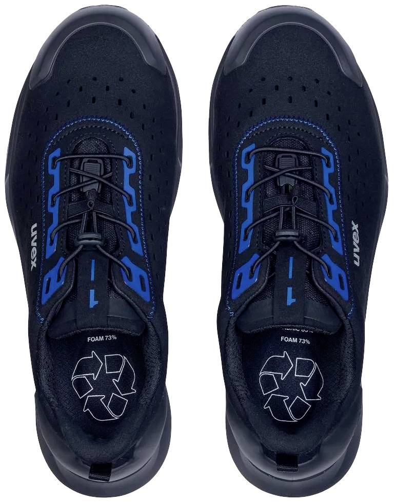 Black safety shoes viewed from above with blue accents and a recyclable material symbol on the inner sole.