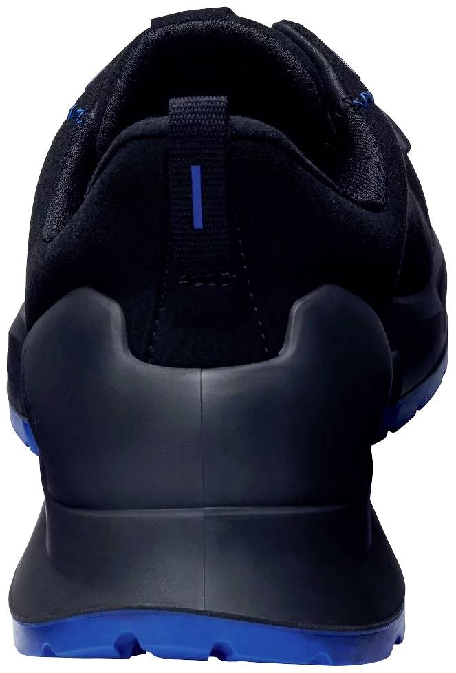 Black sports shoe from the rear, with a blue sole and blue accents, showcasing a modern, sporty style and robust design.