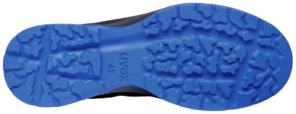 Blue non-slip sole of a safety shoe with a coarse tread pattern, marked 'UVEX 42'.