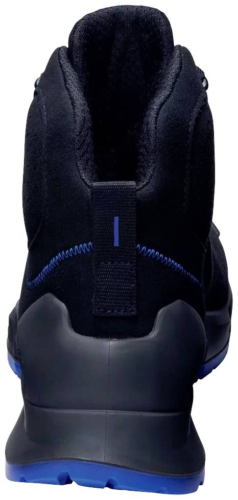 Black sports shoe from behind, with blue sole and stitching.