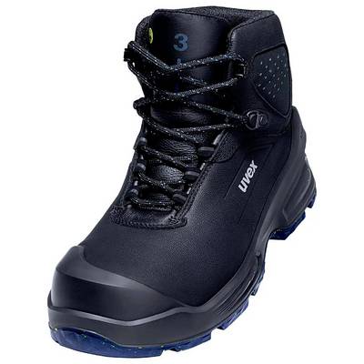 Black safety shoe with blue sole, mid-height, lace-up, with 'uvex' brand logo.