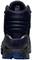 A black, padded hiking boot viewed from behind, on a blue background.