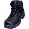 Black safety shoe with reinforced toe cap, designed to ensure workplace protection. Side view with brand logo.