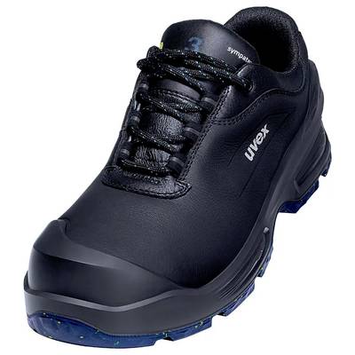 Black safety shoe with reinforced toe cap and non-slip sole, marked with 'uvex' on the side.