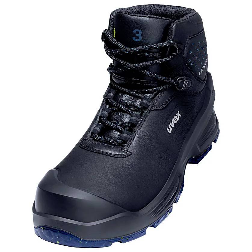Black safety boots with reinforced toe cap, UVEX logo on the side. High-cut for additional ankle protection.
