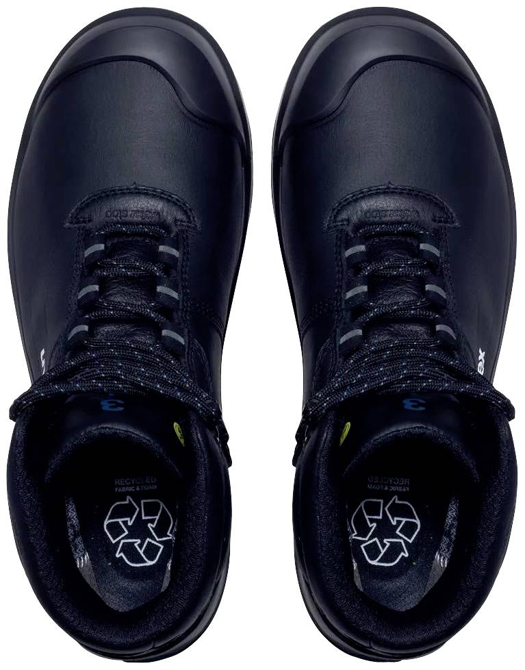 Black lace-up shoes made from recycled material, shown from above. Insole with recycling symbol.